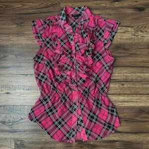 Pink Black‎ Plaid Ruffle Button Up Short Sleeve Blouse Women Small Y2K Coquette